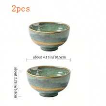 2pcs Handmade Vintage Ceramic Bowls - Thickened Green Gold Glaze Noodle Bowls, Suitable For Tossed Salads, Rice, Fruits - Durable Rustic Style Kitchen Utensils, Ideal For Family Dining And Gatherings, Fruit Bowls | Traditional Tableware | Dotted Green Glaze - Multicolor - View 13