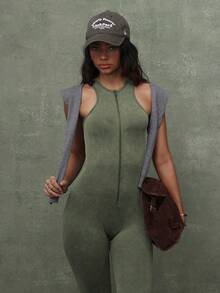 PinkTip 女士无缝弹力无袖连体裤，纯色简约提臀塑形瑜伽健身无袖连体裤，提臀设计，适合瑜伽、健身、跑步、健身房训练 - 橄欖綠 - 查看 1