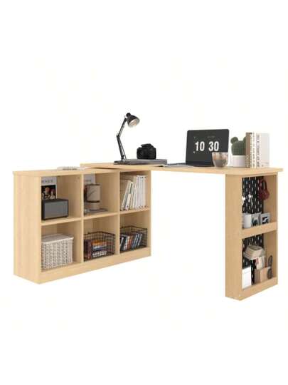 140 104 75cm Multifunctional Office Table, Six Compartment Storage Cabinet Shelf, Wide Thick Desktop, Per ated Board Super Load Bearing, Changeable Shape, Natural view 4