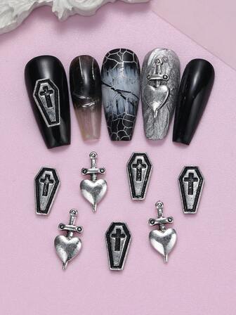 10pcs Punk Retro Heart And Cross Nails Charms, Antique Silver Shield And Cross Nail Art Accessories, Suitable For DIY Nail Salons And Personal Use Nail Art Supplies