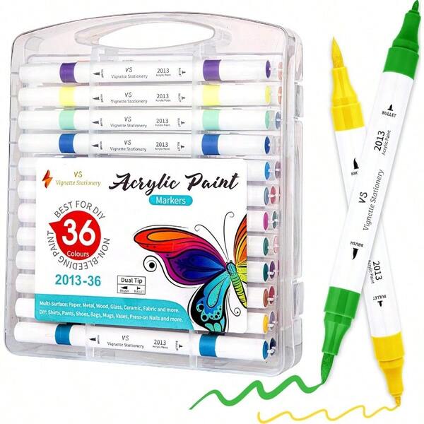 Acrylic Paint Markers Set Of 36 Colours Dual Tip Brush And Fine Paint Pens Permanent After Dry  For Rock Glass Ceramic Wood Fabric Plastic And DIY Crafts