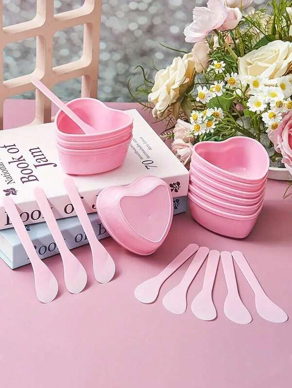 10pcs/1pc Pink Heart Shaped Facial Mask Mixing Bowl Set, 5pcs Facial Mask Bowls And 5pcs Scrapers, Fragrance Free Plastic DIY Skin Care Tools, Skin Care Mixing Tool Set, Women's Spa Beauty Supplies, Home Beauty Routine Accessories,
