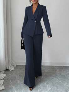 Women's Casual Elegant Solid Color Pocketless Green Collar Long-Sleeved Jacket Top And Simple Wide-Leg Pants Two-Piece Set - Navy Blue - View 5