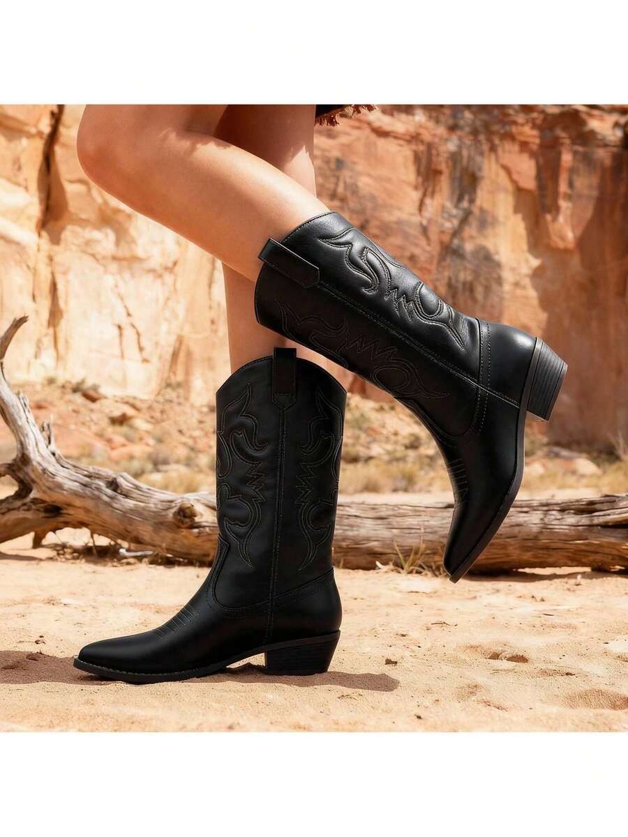 Lurnyet Cowboy Boots For Women Cowgirl Western Boots Fashion Embroidery Stitched Chunky Heel Mid Calf Boots WACOW-2 - màu đen - Xem 1