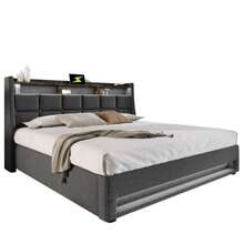 Double Bed With USB 140x200cm, LED Double Bed With Metal Frame, Bed Frame Made Of Linen Material, Teen Bed (Mattresses Not Included) - 灰色 - 查看 8
