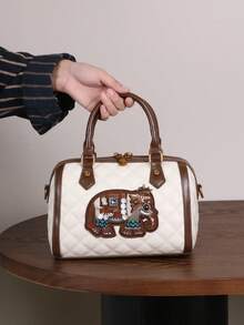 Geantă de pernă Boston cu model de elefant brodat, vintage nouă, la modă, 2025, geantă de mână pentru femei cu model de bowling, versatilă și rafinată, geantă de umăr crossbody de mare capacitate pentru navetiști