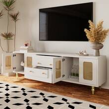 Low Cabinet, Retro-Style TV Stand: Gold Handles, Plenty Of Storage Space. With A Glass Door And Solid Wood Legs. - 白色+刨花板+70-79英寸 - 查看 6