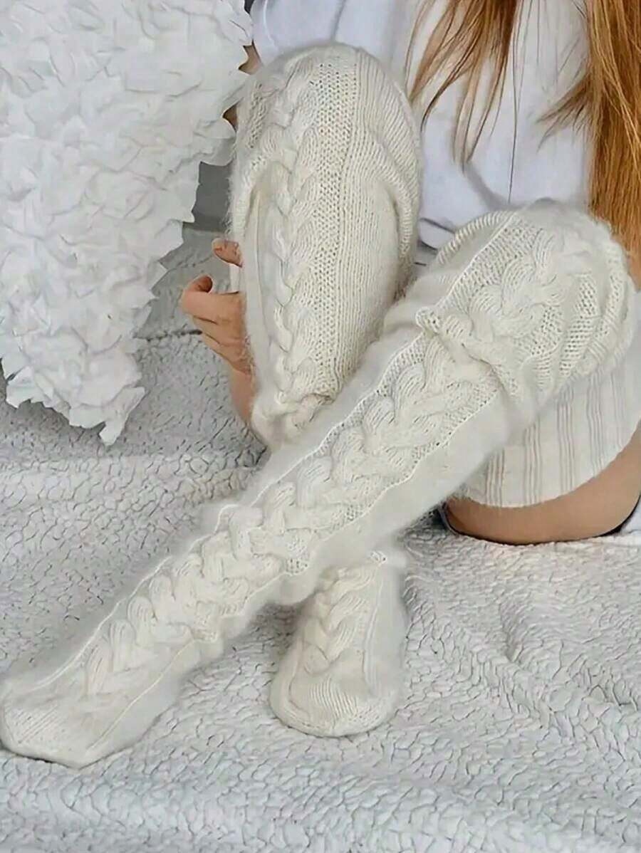 1pair White Thigh High Socks, Over-The-Knee Warm Fleece Socks For Women, Suitable For Autumn, Winter, Festivals And Parties, Cozy ZI30 - Hồng - Xem 1