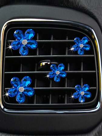 5 piezas Clip de salida de aire del coche en forma de flor con diseño de diamante de imitación artificial cristal