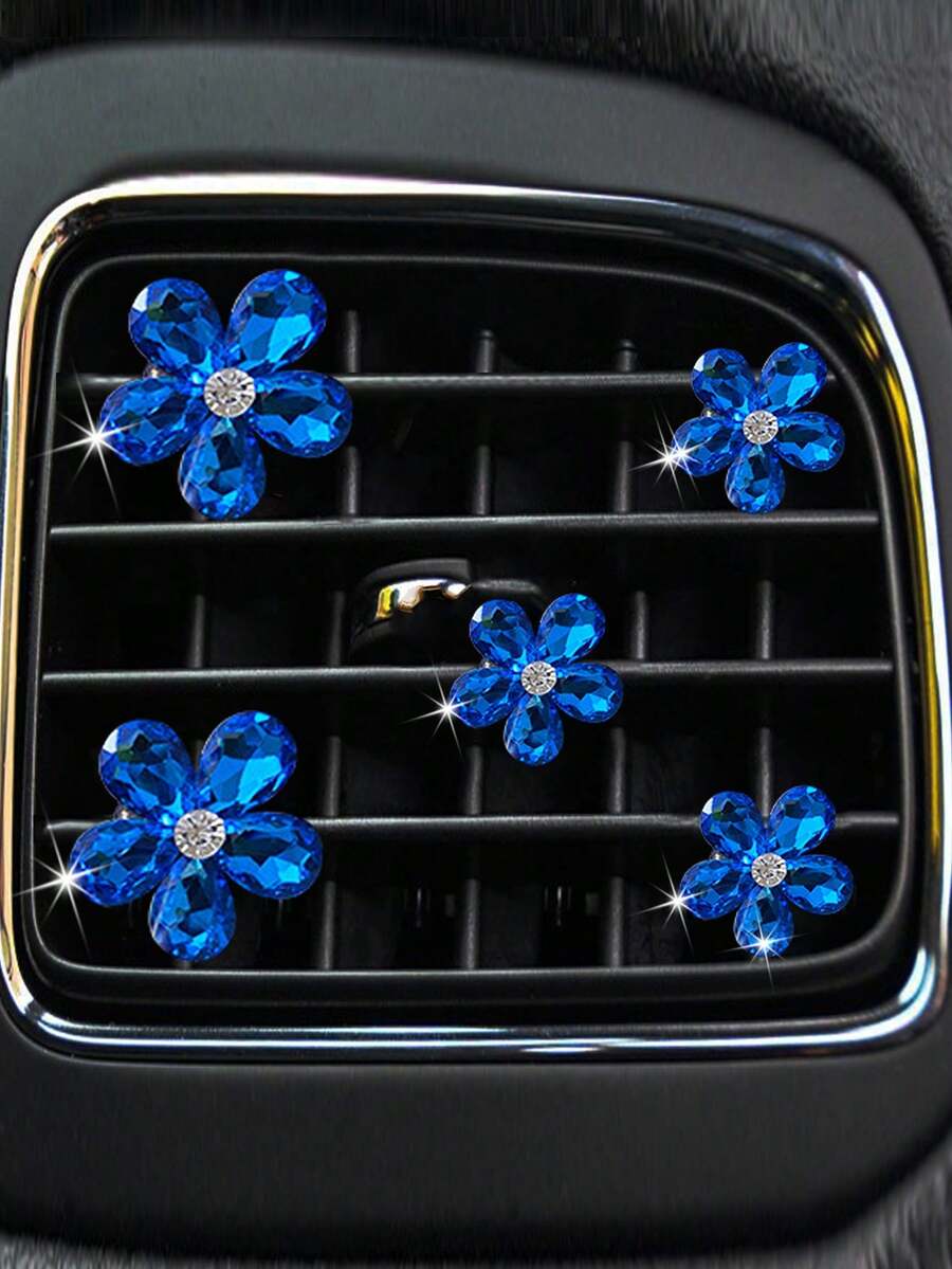 5入組花朵形狀水鑽裝飾人造水晶汽車出風口夾
