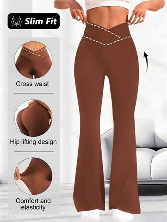 1pc Women's High Waist Flare Pants, Crossover Elastic Waistband Design, Casual Long Versatile Slim Fit Wide Leg Pants, Stretchy Polyester Fabric, Machine Washable, Accentuates Curves, Yoga/Fitness Tight Leggings, High Waist Naked Feeling Lift & Tummy Control Trousers - Soft Fabric