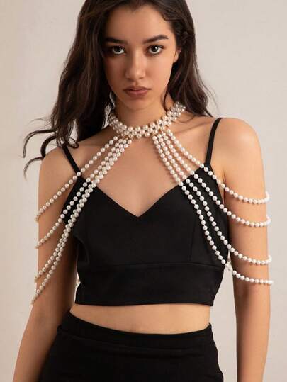 Elegante Perlen-Schalkette, Halskette mit Kunstperlenquaste, geeignet zum Kombinieren mit Bikinis, Kleidern, Brautkleidern, Partykostümen, Cosplay usw.