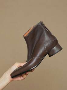 法式复古软皮方头修身短靴，女士踝靴，后拉链设计，中跟，百搭，秋冬款 - 棕色 - 查看 3