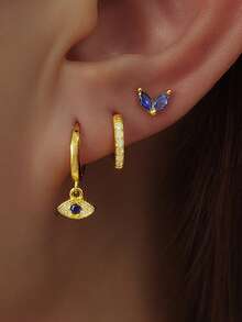 3pcs Set Exquisite New Gold Evil Eye Single Earring, 18K Gold Plated Stainless Steel Material, Small Punk Style Earring, Piercing Jewelry - 3pcs for One Ear - View 4