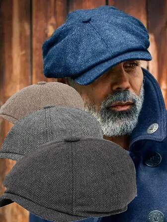 1顶男士经典复古厚款粗花呢贝雷帽，平顶帽，街头风男女通用帽，百搭日常保暖冬帽，完美礼物