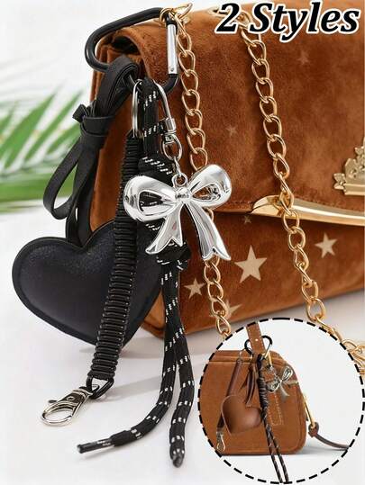 Women'S Pu Leather Keychain With Heart-Shaped Decoration, Flower Tail, Bow, Braided Rope, Spring Clip, Spring Buckle, High-End Decorative Bag Accessories, Bag Pendants, Pendants, Car Pendants, Daily Necessities, Perfect Holiday Gifts, Birthday Gifts, For Lovers, Family, Friends, Classmates, Colleagues, Teachers