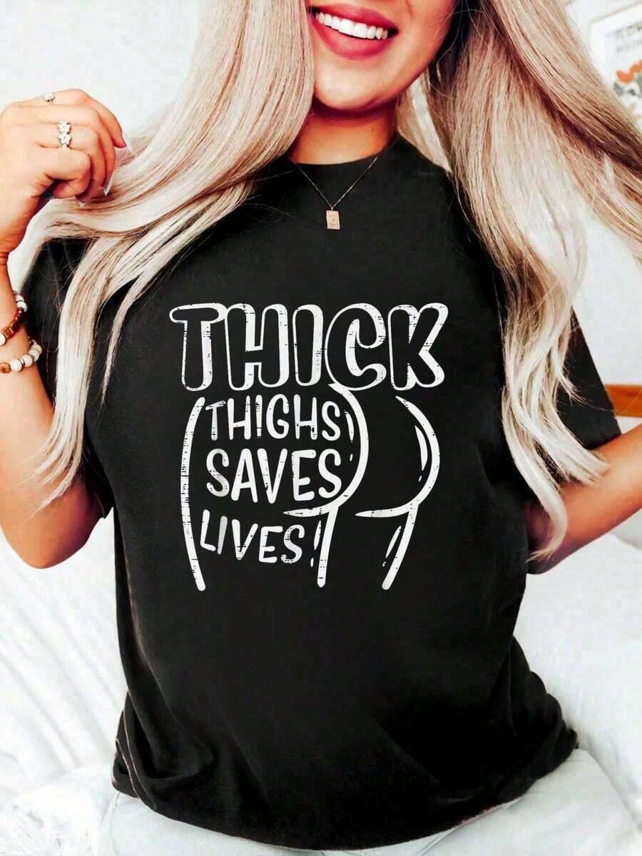 100% Cotton Gym Thick Thighs Saves Lives Funny Workout Fitness Women T-Shirt Women's Men's Oversized Comfort Soft Crew Neck Tee Tops - 黑色 - 查看 1