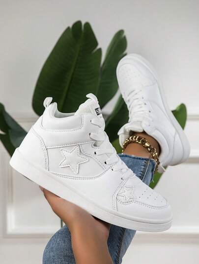 Women's Casual High-Top Sneakers, Minimalist Solid Color Star Pattern Lace-Up, Suitable For Outdoor, Home & Sports