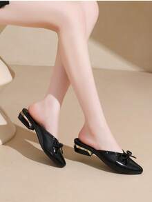 Women's Pointed Toe Shiny Fashion High Heel Mules With Bow Decor - Black - View 5