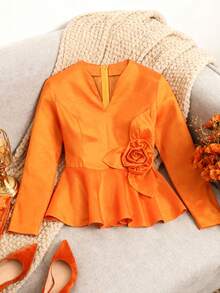 优雅OL风V领荷叶边长袖上衣，花瓣派对外出上衣，手工花卉装饰，时尚晚礼服系列 - 橘色 - 查看 1