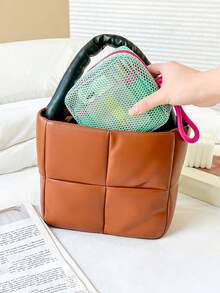 Women's Square Mesh Cosmetic Bag Dopamines Color Toiletry Organizer With Removable Handle And Zippered Closure For Travel - 淺綠色 - 查看 7