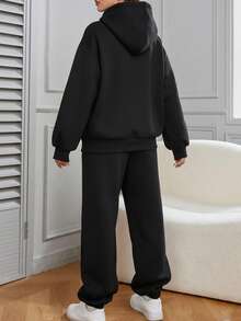 女士连帽上衣带口袋和抽绳长裤两件套，舒适家居服套装，秋冬款 - 黑色 - 查看 4