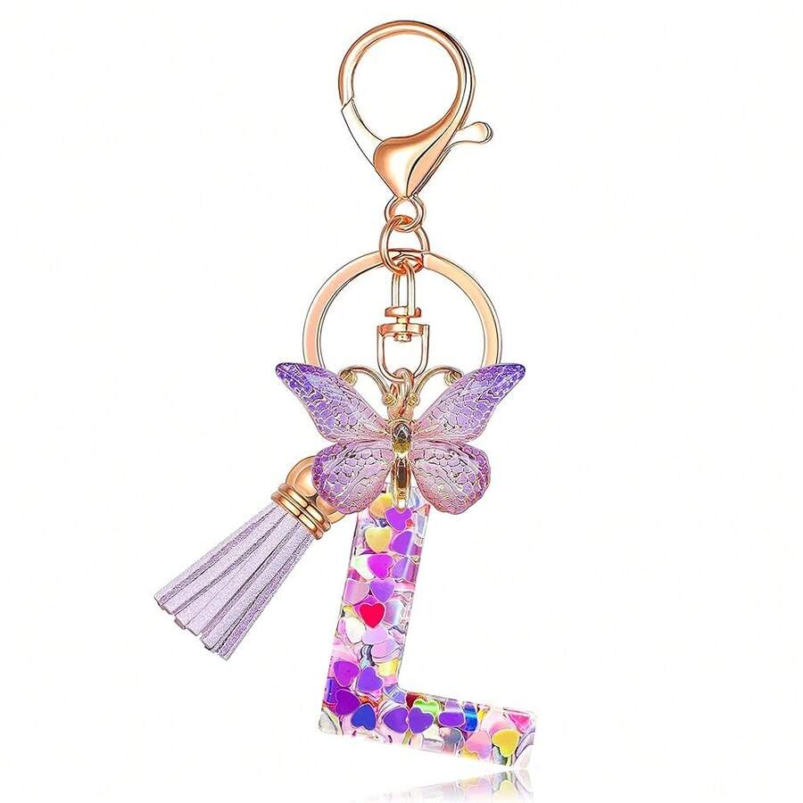 JINGUAZI Initial Letter Keychains For Women Tassel Butterfly Pink Purple Cute Car Keychain For Wallet Backpack Bag Charm{Inchcolor_nameinch:InchL-Purpleinch} - L-紫色 - 查看 1