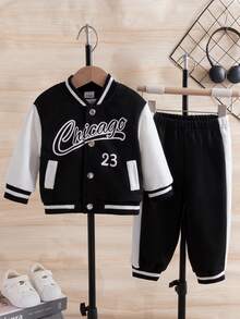 Toddler Baseball Jacket With Contrast Sleeves & Pants Set, Autumn/Winter - Black and White - View 2