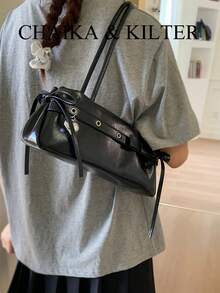 CHAIKA & KILTER 女士纯色PU皮革单肩包，复古时尚法棍包款式，双提手设计，拉链封口，饰有肩带，配有可拆卸可调节肩带，可单肩背或斜挎，适合日常及户外使用。 - 黑色 - 查看 7