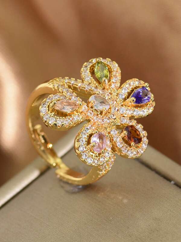 1pc Adjustable Colored Zirconia Flower Ring, Elegant Luxury Middle Eastern Style, Suitable For Women's Daily Wear, Wedding, Party, Travel, And As Eid Al-Fitr/Eid Al-Adha Gift