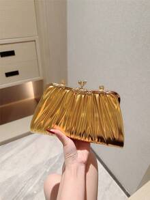 1 Piece Vintage Women's Evening Bag, Gold Fashionable Elegant High-End Synthetic Leather Crinkle Texture Evening Handbag, Distinctive Metal Handle Cosmetic Bag, Wallet, Shoulder Bag With Metal Chain, Suitable For Weddings, Celebrations, Parties, Gold Bag - Gold - View 5