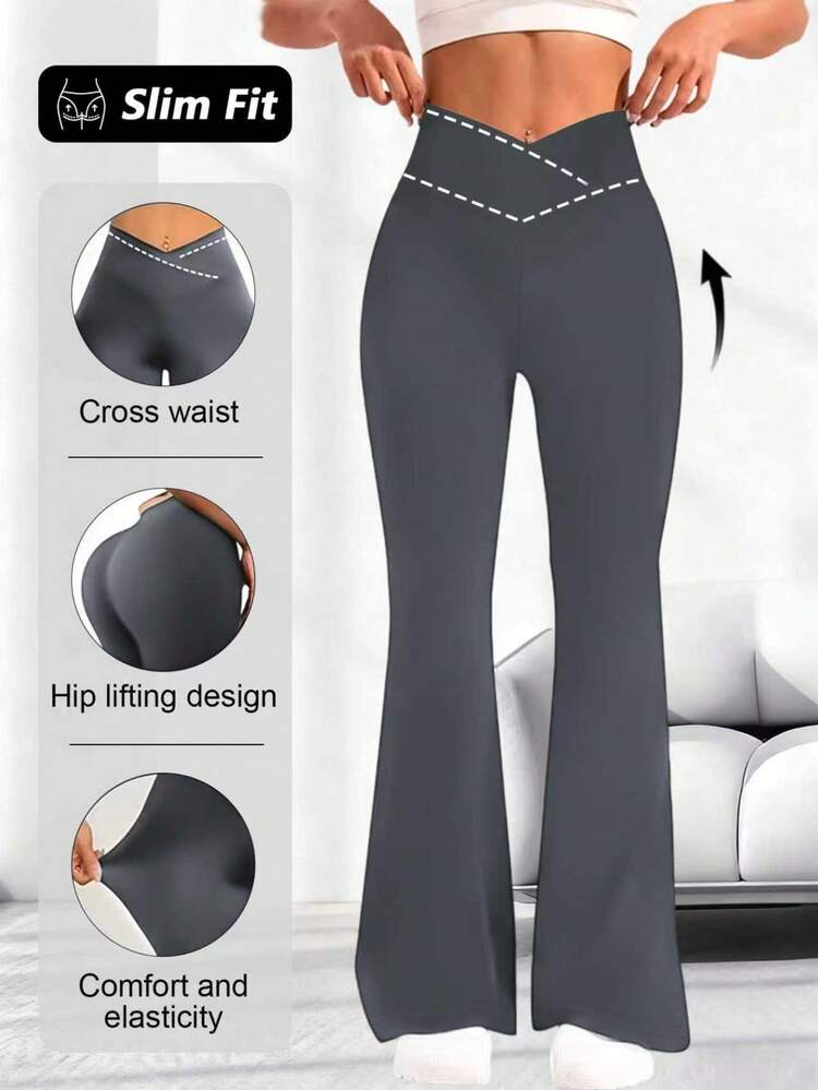 1 st dambyxor med hög midja och utsvängda strängar, korsande resår i midjan, avslappnade långa, mångsidiga och smala byxor med vida ben, stretchigt polyestertyg, maskintvättbara, framhäver kurvor, yoga-/fitnessleggings med åtsittande passform, hög midja med naken känsla och lyftande magkontroll - mjukt tyg - Grå - Visa 2