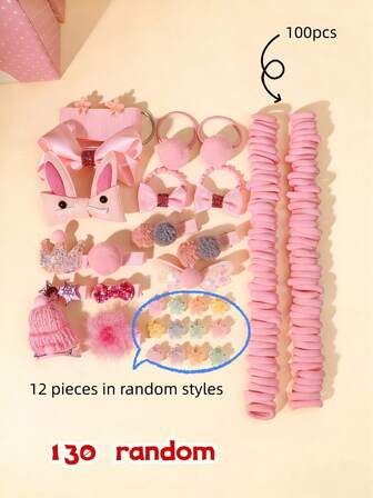 ชุดกิ๊บติดผมสีชมพูหวานน่ารัก 130 ชิ้น - โบว์กระต่าย ปอมปอม คลิปหนีบผมรูปดาว และยางมัดผมแบบเกลียว, ชุดของขวัญเครื่องประดับผมสำหรับเด็ก, เหมาะสำหรับใส่ในชีวิตประจำวันและเป็นของขวัญปาร์ตี้สำหรับเด็กผู้หญิง