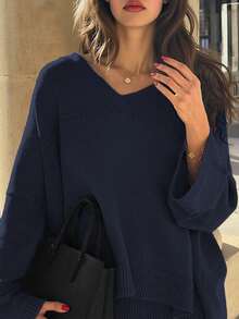 優雅女款秋冬時尚休閒日常寬鬆針織V領長袖上衣與裙子套裝 毛衣兩件套 - 寶藍 - 查看 7