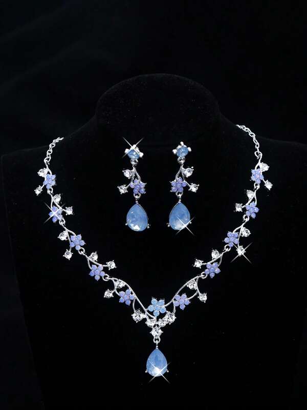 3pcs Vintage Blue Crystal Earrings & Necklace Set, Suitable For Bride, Bridesmaid, Wedding, Formal Occasion Dress Accessories