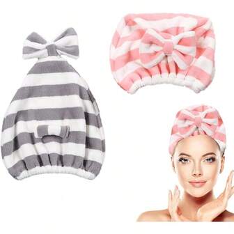 Large Microfiber Hair Towel CapRapid Drying Towel For Hair Ultra Soft Super Absorbent Hair Drying Towel Turban Cute GrayandPink Bow Hair Towel Wrap 2pack (Pink White+Gray White 26 * 30CM)