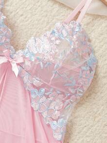 ROMWE Kawaii Explore The Enchanting Middle East! Light Purple Embroidered Sheer Nightgown, Lightly Wraps Your Alluring Figure, Sexy Asymmetric/Asymmetrical Embroidered Thong - Pink - View 2