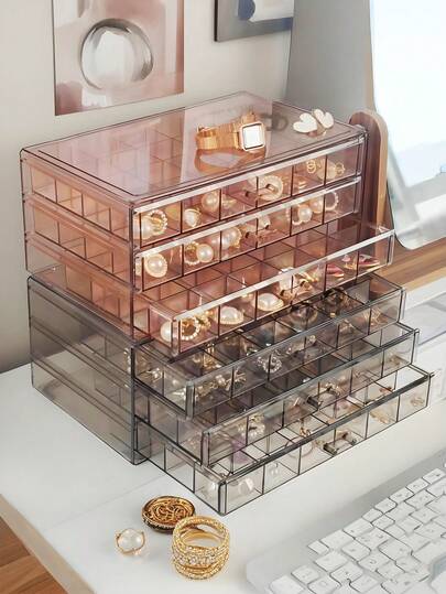 Vintage Style Jewelry Storage Box With 3 Drawers - 72 Grids Large Capacity Plastic Desktop Organizer Box, Can Store Rings, Earrings, Necklaces, Ideal Gift For Girlfriend, Mother And Lover