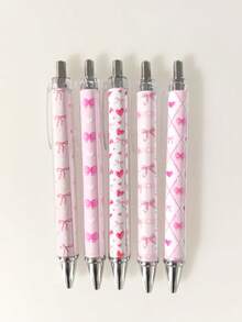 5 pezzi Set di penne a sfera con fiocco rosa, decorazione a cuore e fiocco sul fusto, scrittura fluida, adatto come regalo di San Valentino