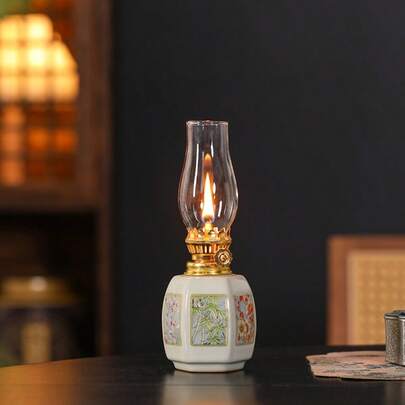1个小型陶瓷油灯，六面花卉图案，适合家居装饰，节日礼物