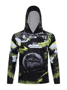Men's Scale Full Body Pattern Long Sleeve T-Shirt, Anti-UV Sunscreen Sun Protection Fishing Shirt Breathable Quick Dry Hooded Fishing Jersey For Trekking Running Fishing Mountaineering