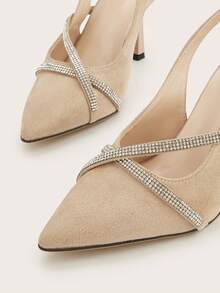 Apricot Faux Suede Rhinestone Decor Pointed Toe Stiletto Heel Pumps, Versatile For Daily Wear, Party, Fashion,High Heels - Apricot - View 5