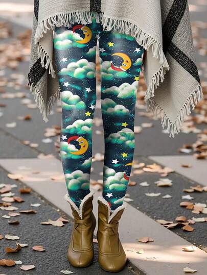 1 pieza Leggings de mujer de cintura alta con estampado de luna, adecuados para capas, uso casual, actividades de yoga al aire interior