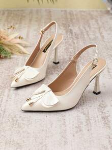 Women's Solid Color High Heel Shoes With Bow Accent, Casual, Suitable For Chinese-Style Wedding, Western-Style Wedding, Sexy New Chinese Style Party, Fairy-Like Retro, Elegant, Unisex Party Fashion, PU Leather, Bow Buckle Design High Heel Pumps - White - View 2