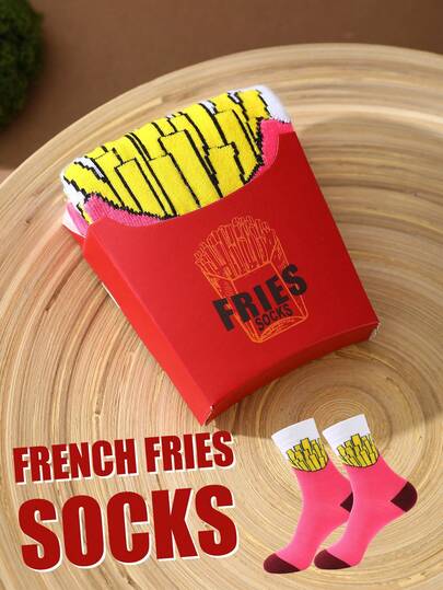 CREATOR SOCKS 1双装多色中筒袜，男女通用情侣礼盒，柔软薯条造型趣味袜，创意美食灵感设计，舒适百搭，适合生日、情人节、复活节、斋月、约会、家庭聚会、派对、节日等场合。