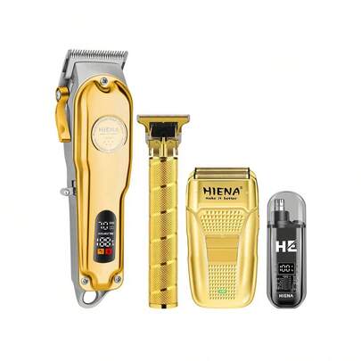  4 件套 HIENA 男士理容套装，精心打造的修剪器，适合男士使用，配备 T9 刀片双网格电动剃须刀、无线理发器、金色男士专属理发工具、精美礼盒包装，是您理发的最佳伴侣。