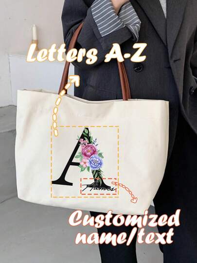 Personalized-Canvas-Tote-Bag,Name Initials Pattern A-Z Floral Pattern ,Name/Text,Picnic Bag Reusable Storage Bag Grocery Handbags Large-Capacity ,For Teen Girls Women College Students,Perfect For Office,College,Perfect Gift For Ramadan, Eid, Valentine's Day, Christmas, Or Thanksgiving.