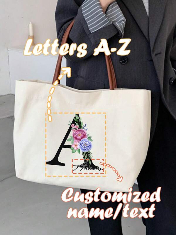 Personalized-Canvas-Tote-Bag,Name Initials Pattern A-Z Floral Pattern ,Name/Text,Picnic Bag Reusable Storage Bag Grocery Handbags Large-Capacity ,For Teen Girls Women College Students,Perfect For Office,College,Perfect Gift For Ramadan, Eid, Valentine's Day, Christmas, Or Thanksgiving.