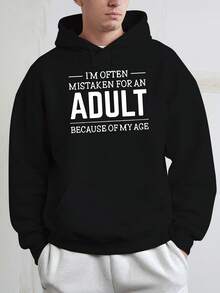 sweat-shirt à capuche pour hommes avec motif jaune - Imprimé "Je suis souvent confondu avec un adulte car j'ai l'air jeune", Sweat-shirt-shirt casual à manches longues avec poche, pour l'automne et l'hiver, vêtements d'automne et d'hiver | sweat-shirt à capuche imprimé drôle | Sweat-shirt-shirt confortable - Noir - Voir 2