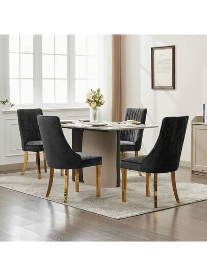 Flocked Chenille Rayon Dining Chairs, Com Tafel Kitchen Stoel Fabric Upholstery Goud Stainless Steel Legs, Set Of (Black). view 5